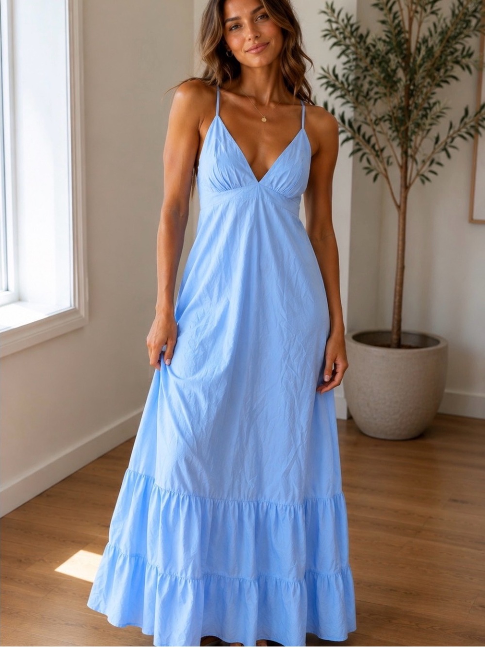 NWOT! Light Blue Spaghetti-Strap Maxi Dress with Tiered Ruffle Hem